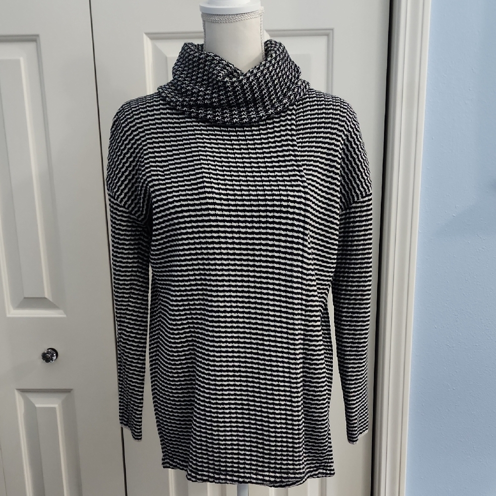 CAbi Black and White Front & Back Slit, Cowl Neck Sweater
